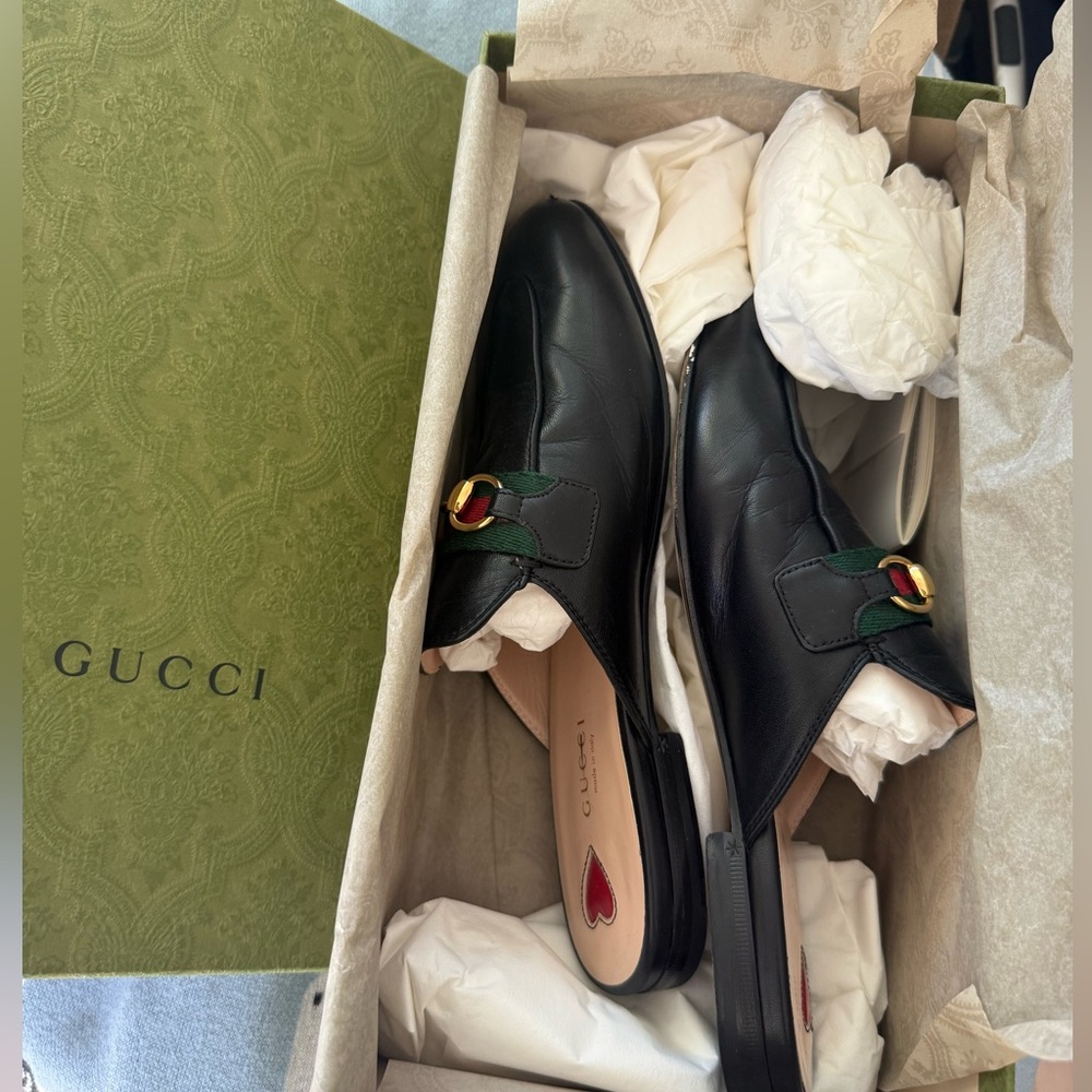 Gucci Black Leather Horsebit Mules with Green and Red Web - Picture 2 of 4